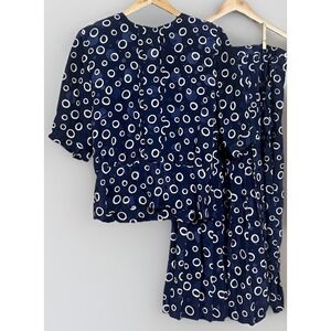 VTG Sz 10 MS CHAUS Skirt Blouse Business Set Navy White Polka Dots Pleated